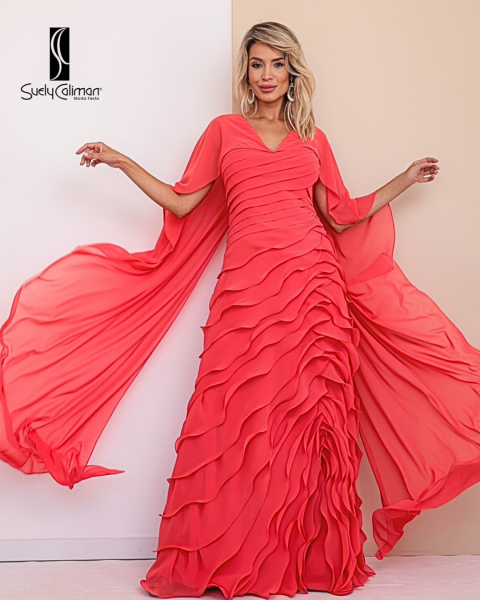 VESTIDO DECOTE V E SAIA DE VOLANTS